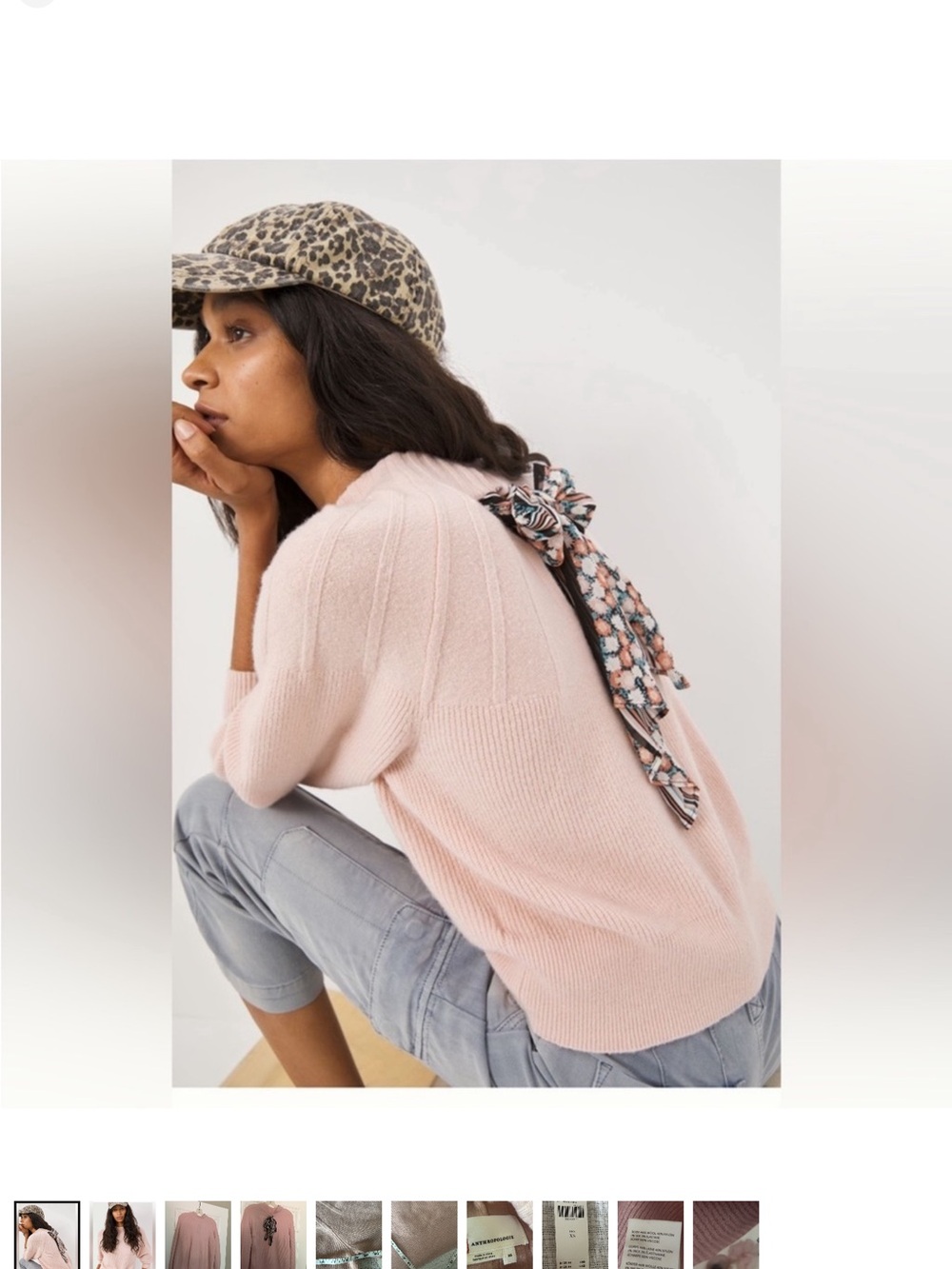 Anthropologie Blush Pink Ribbed Crewneck Sweater with Back Bow